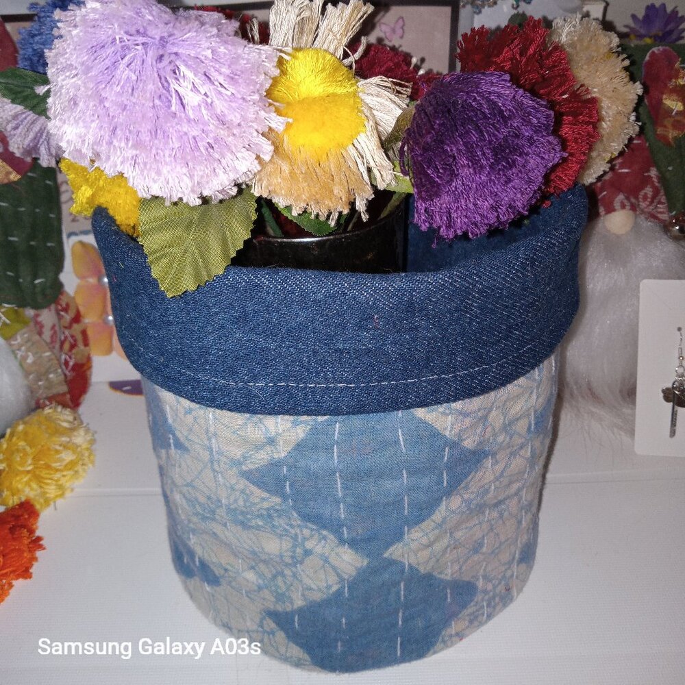 Kantha & Denim Basket/Flower Pot Blue Reversible Handmade New BP6.